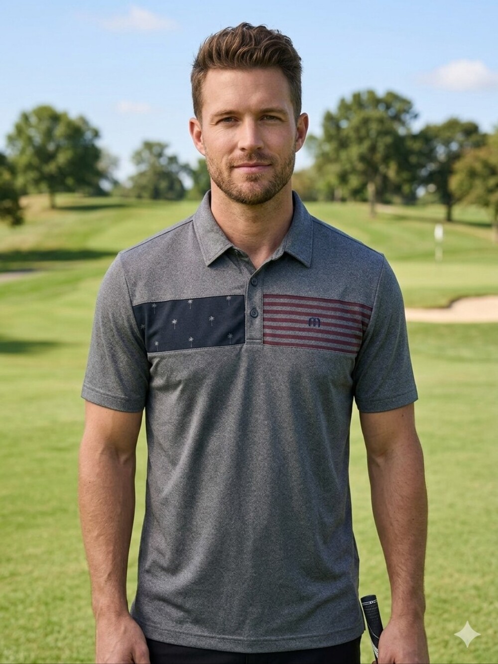 Travis Mathew Gray With Red, White, And Blue Design, Short Sleeve Polo, Medium